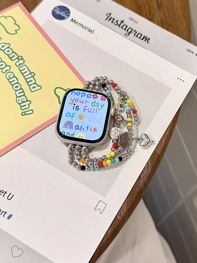 Милый Радужный ремешок для Apple Watch Ultra 10 9 8 7 6 5 4 Металлический женский браслет-ремешок для iWatch 38 мм 40 мм 41 мм 42 мм 45 мм 46 мм 49 мм