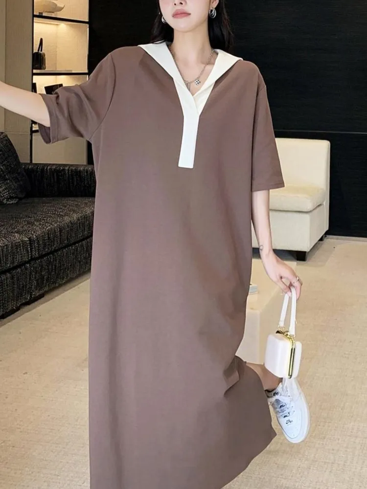 فستان نسائي كوري صيفي جديد مقاس كبير من فيستدوس رداء Elbise فضفاض بأكمام قصيرة ورقبة على شكل حرف v فساتين طويلة للسيدات