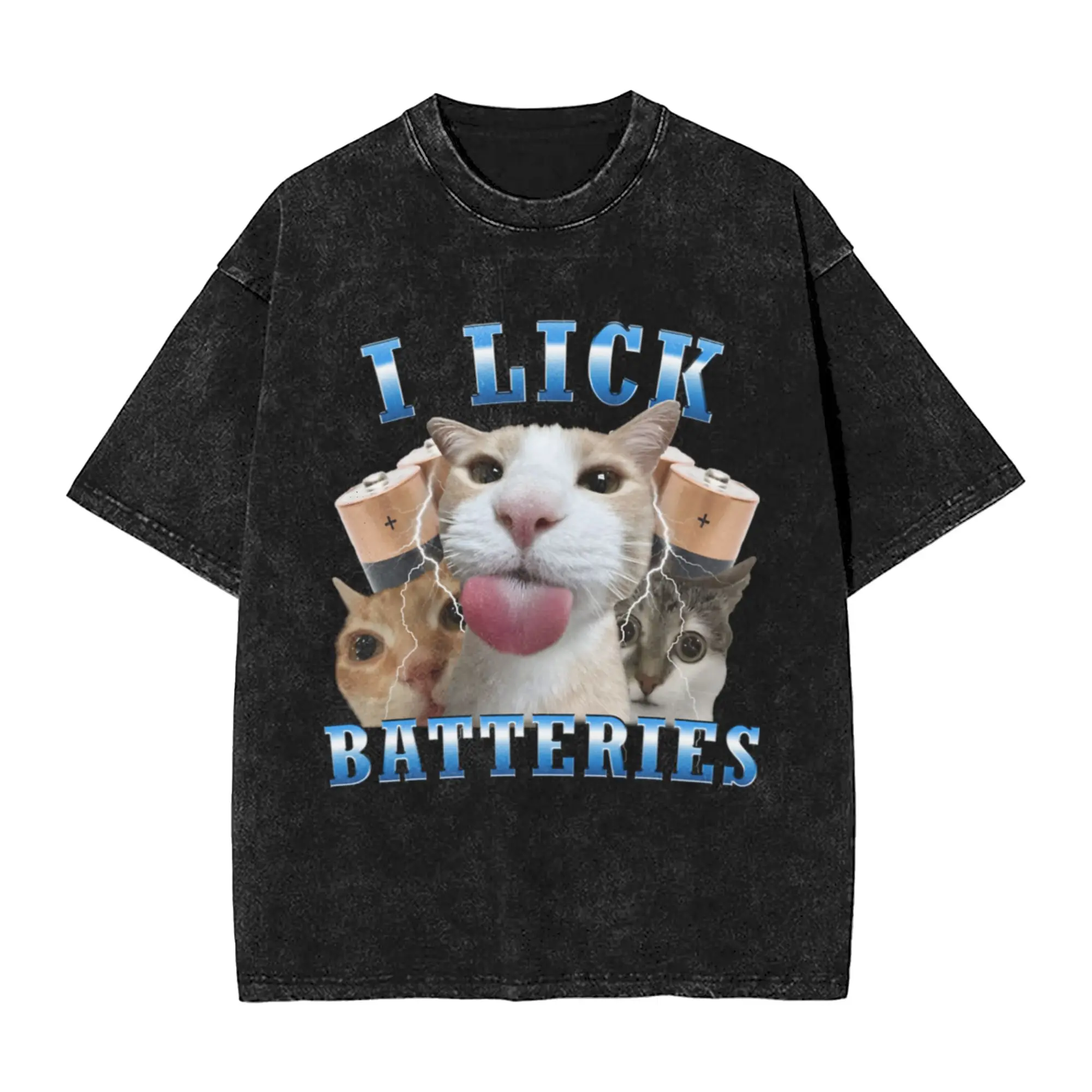 I Lick Batteries Funny Cat meme Unique Comfort A Vintage Oversized Cotton Unisex T-Shirts