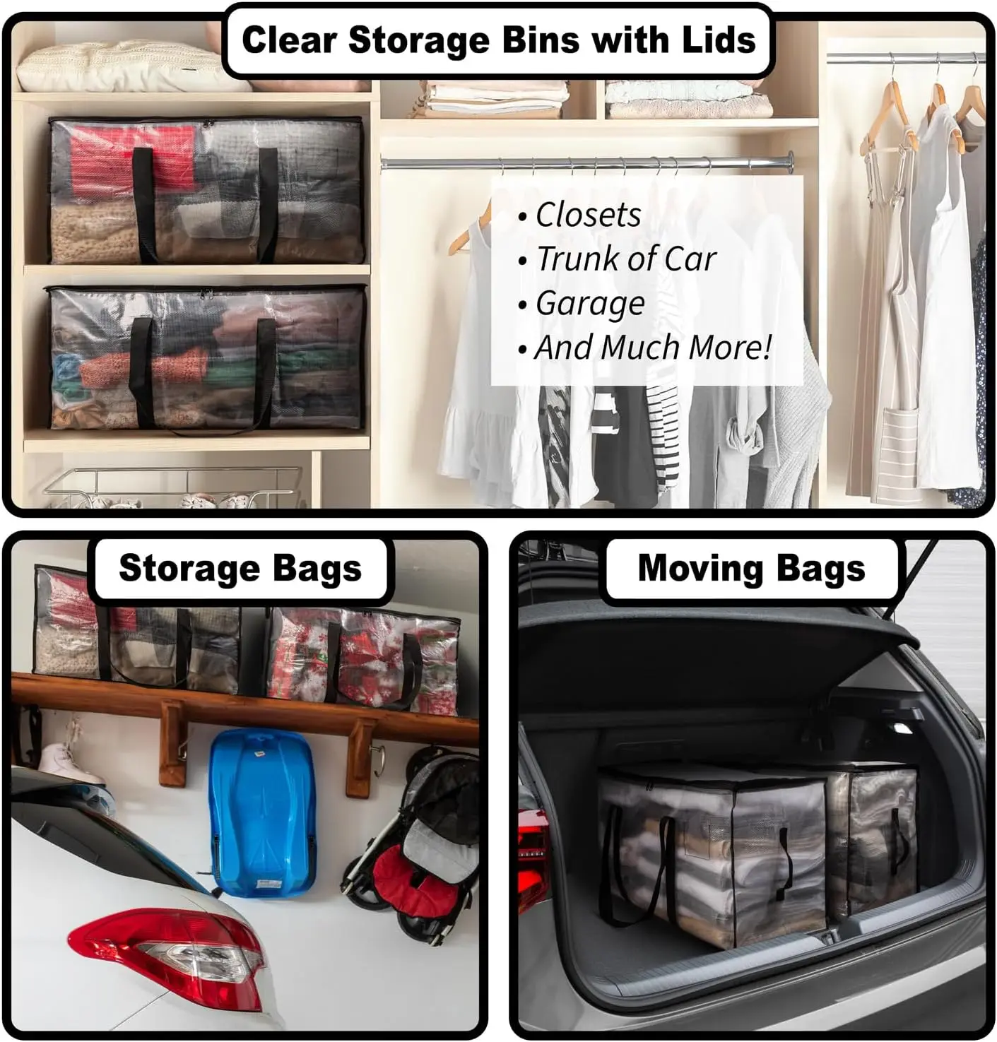 Heavy Duty Moving Bags or Storage Bags – Clear Storage Bins with Lids, Large Moving Boxes with Backpack Straps & Zippers