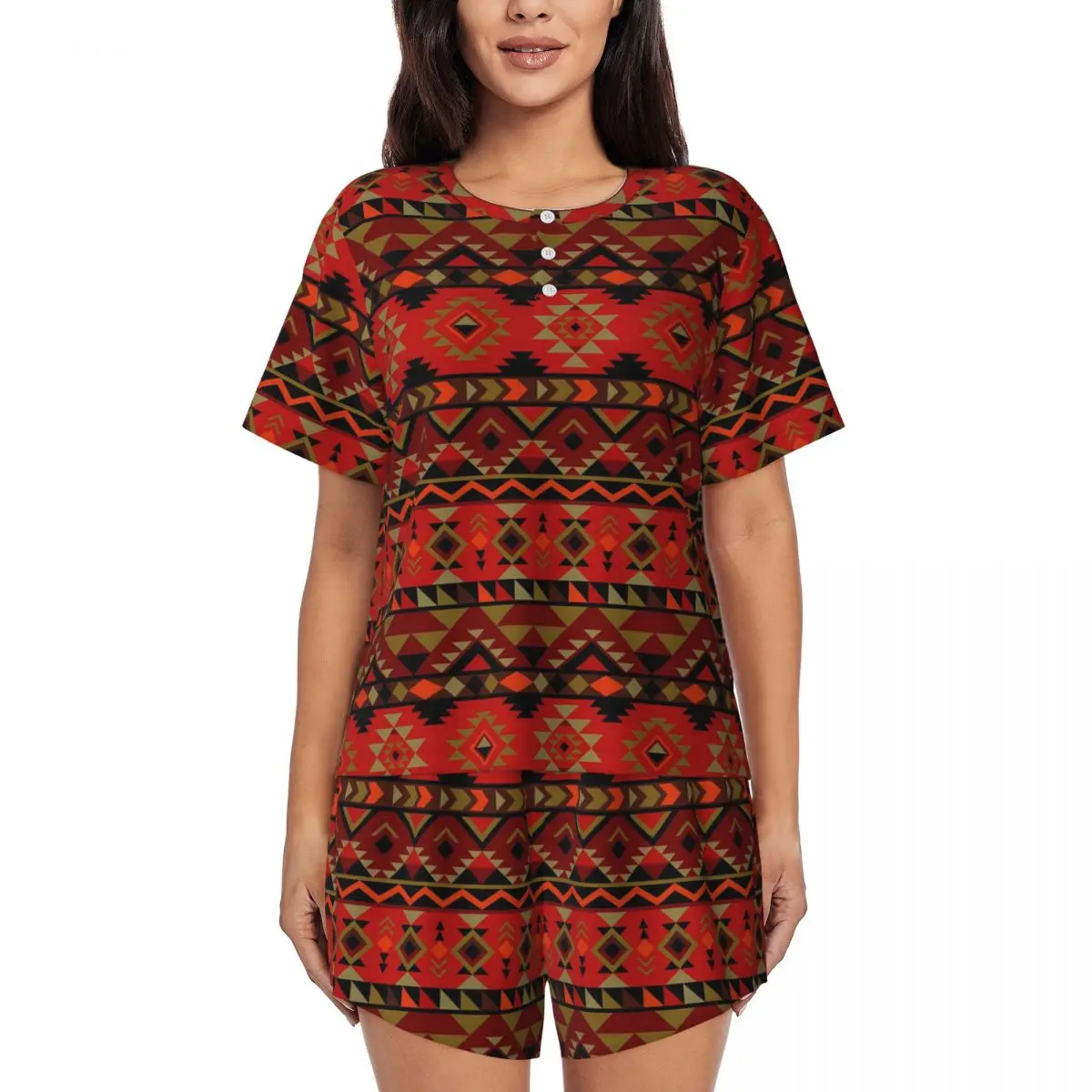 

Vintage Ethnic Pajamas Summer 2 Pieces Red Aztec Print Cute Pajama Sets Female Short Sleeve O Neck Leisure Graphic Sleepwear
