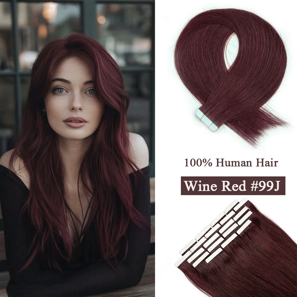 Wine Red Tape in Hair Extensions Real Human Hair 12-24\