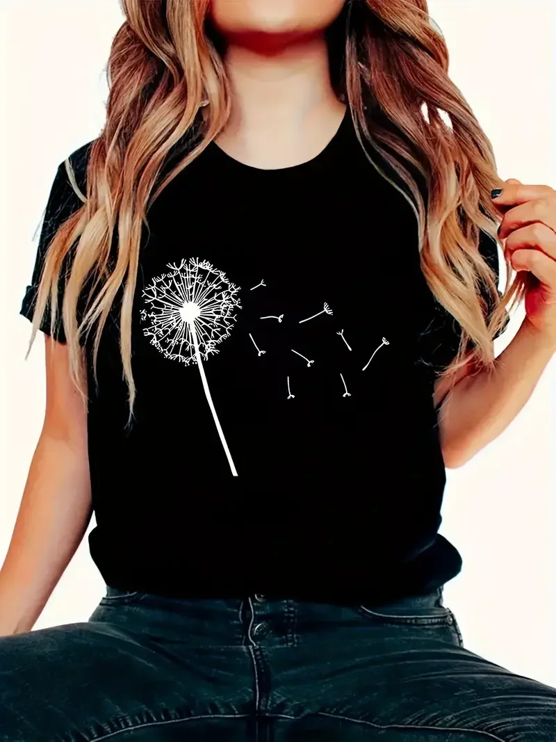 

Summer snow-white dandelion falling pattern printed women's T-shirt simple casual outdoor fresh top short sleeved