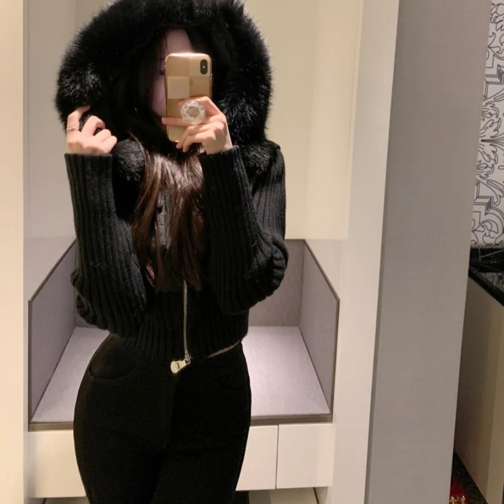 Women's Winter Knitted Jacket Double Zipper Waist Cinching Fur Collar Cotton Top Leatherette Slimming Outerwear Coat