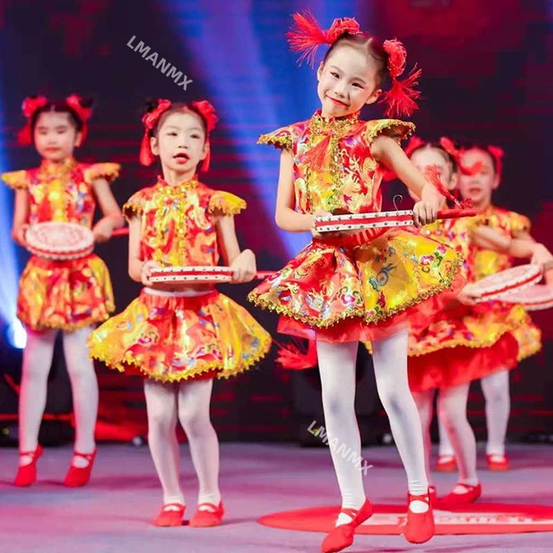 

Детский радостный барабанный костюм, рэп, китайский красный танцевальный костюм для тайпинга, дочки, барабана
