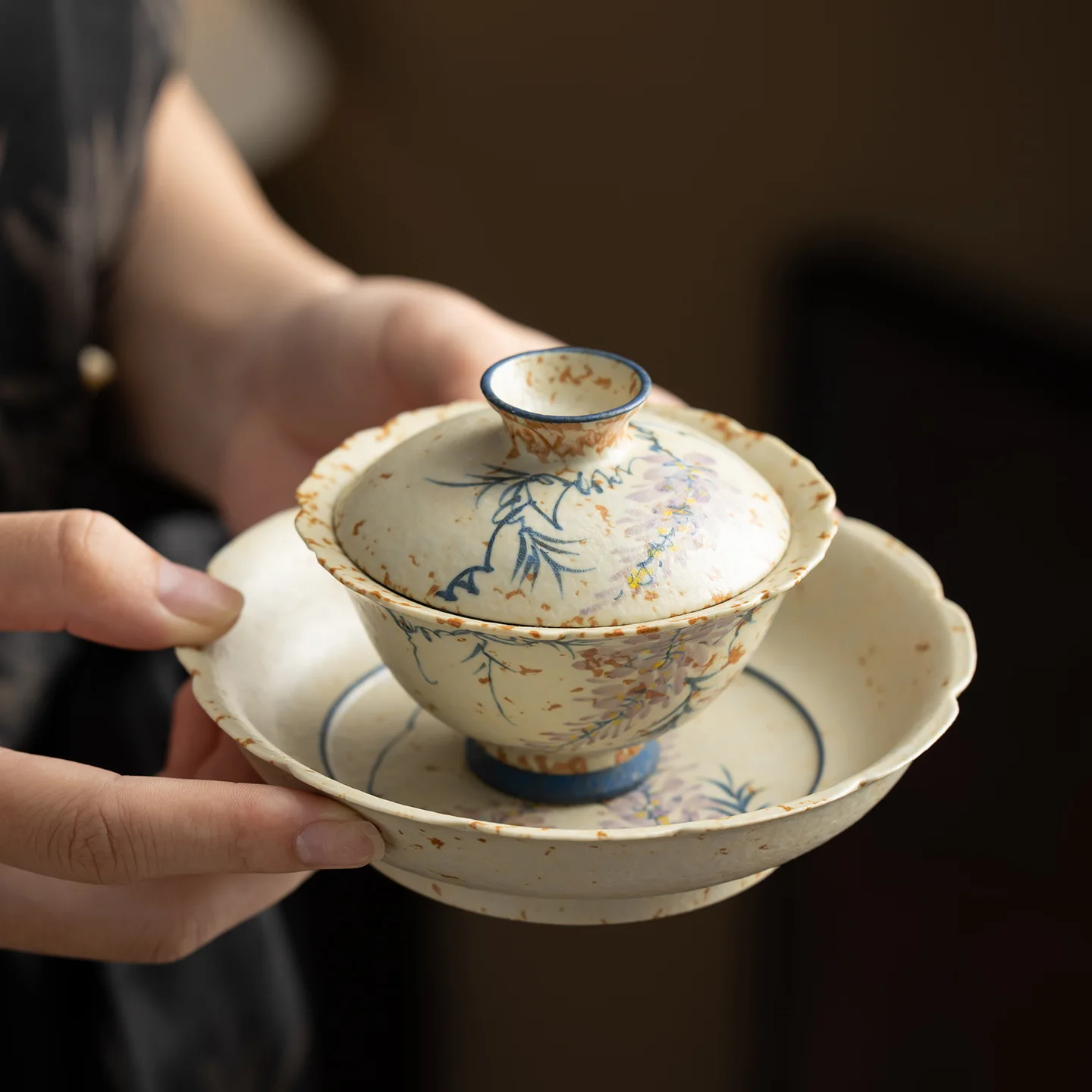 New Chinese Hand-Painted Flower Caramel Wisteria Lidded Bowl Tea Set Ceramic Sancai Lady Cover Teacup Kung Fu