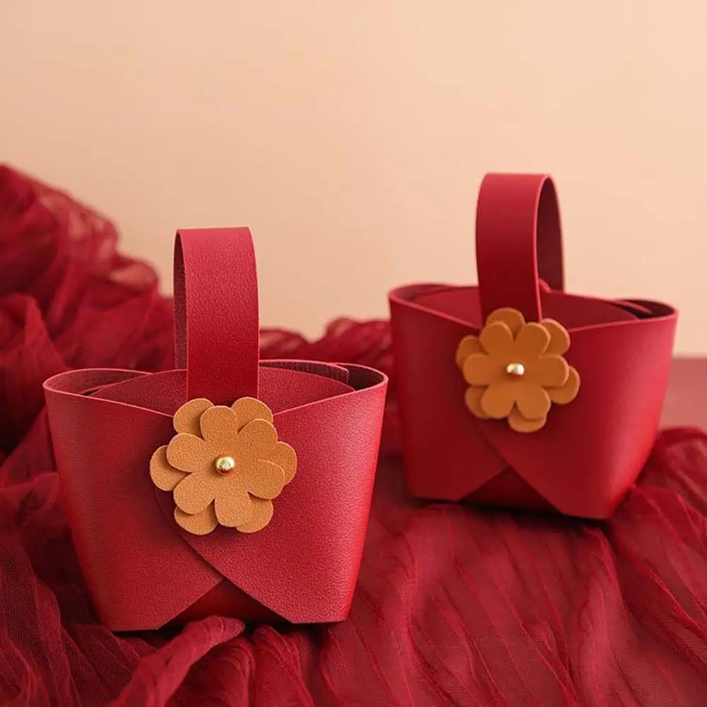 

Korean PU Leather Flower Handbag Festive Sugar Bag Wedding Handbag Large Capacity Souvenir Bag Jewerly Packing Bag