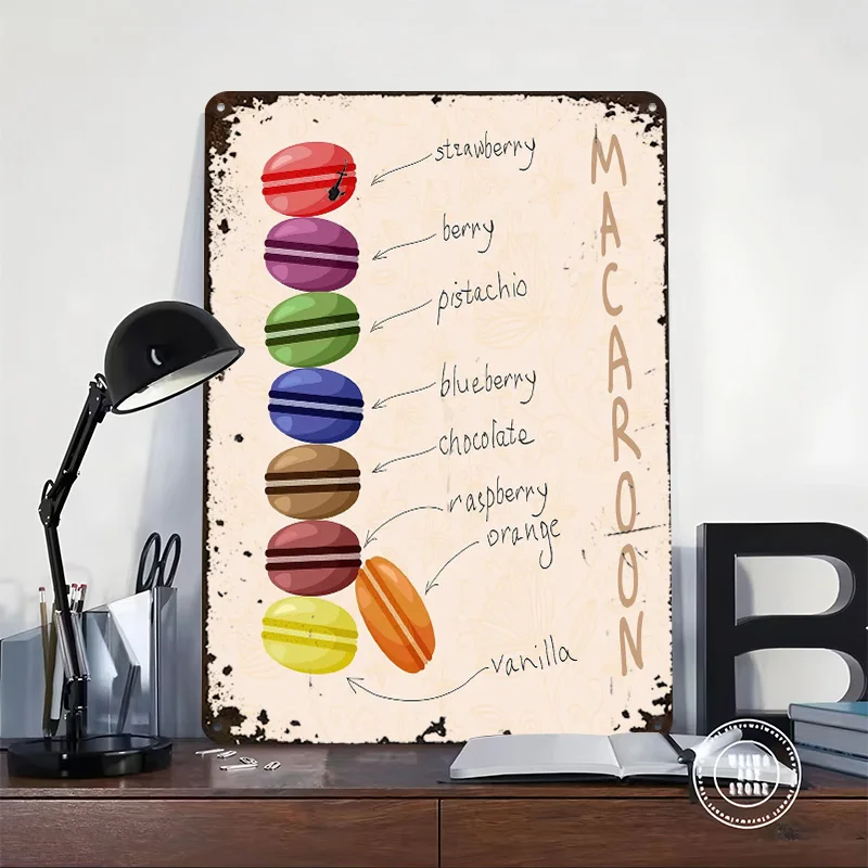 Colorful Macarons With Flavors Metal Poster Customized Wall Art Retro Vintage Metal Signs for Man Cave Room Accessories House