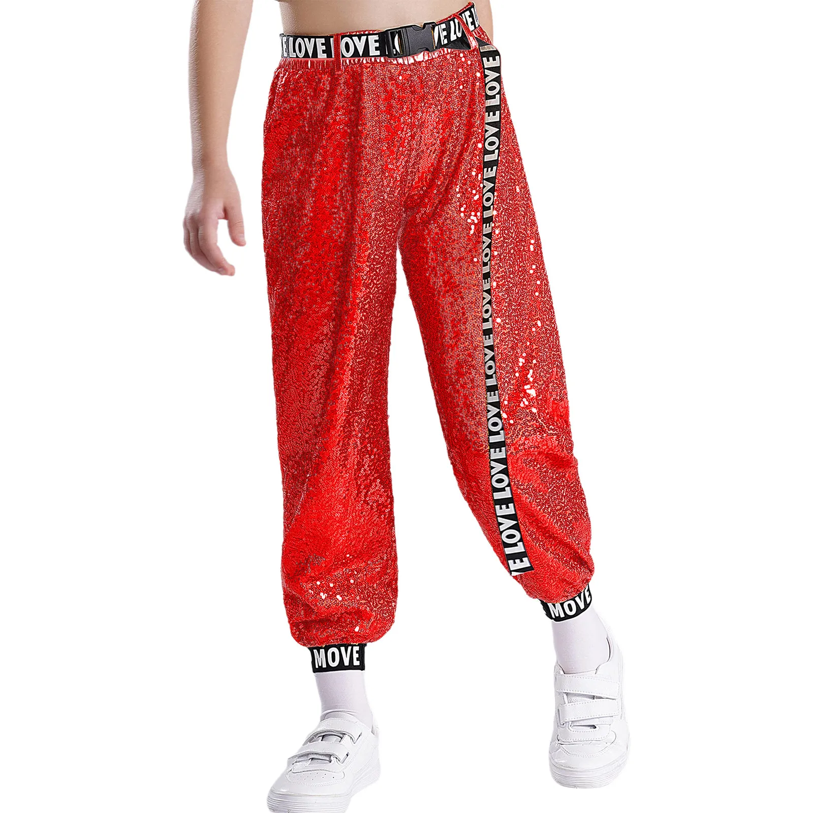 Kids Girls Street Dance Pants Sparkly Sequins Trouser with Letter Print Belt Hip Hop Jazz Dance Stage Performance Costumes