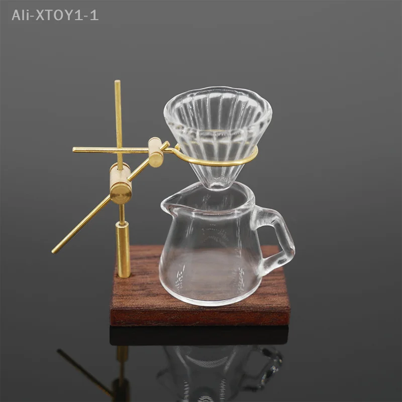 

1Set 1:12 Dollhouse Miniature Hand-brewed Coffee Stand Glass Pot Funnel Mini Coffee Stand Coffee Maker Cup Model Kitchen Decor