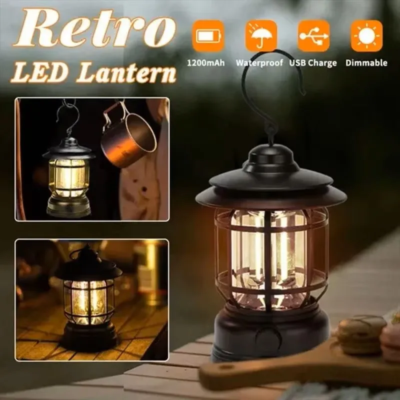 Rechargeable Camping Lantern Portable Stepless Dimming Waterproof Tent Camping Light for Hiking Fishing Emergency