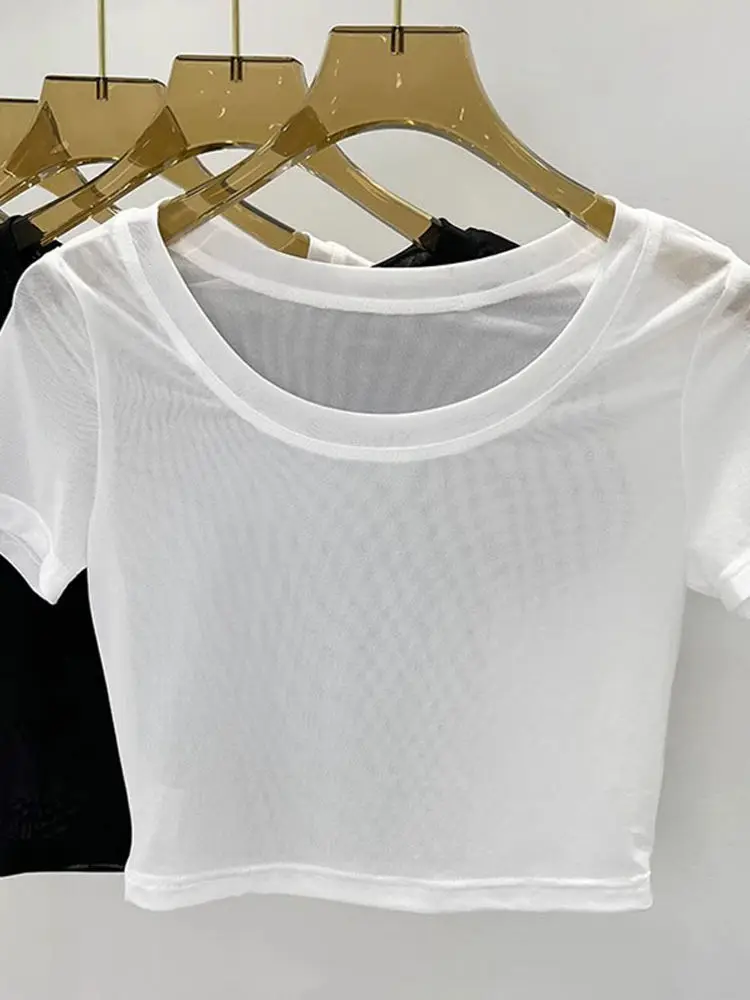 White Ice Silk Short Sleeve T-Shirt Women's Inner Wear Underdress Transparent Mesh Cover up Summer Commute Style Slim Fit