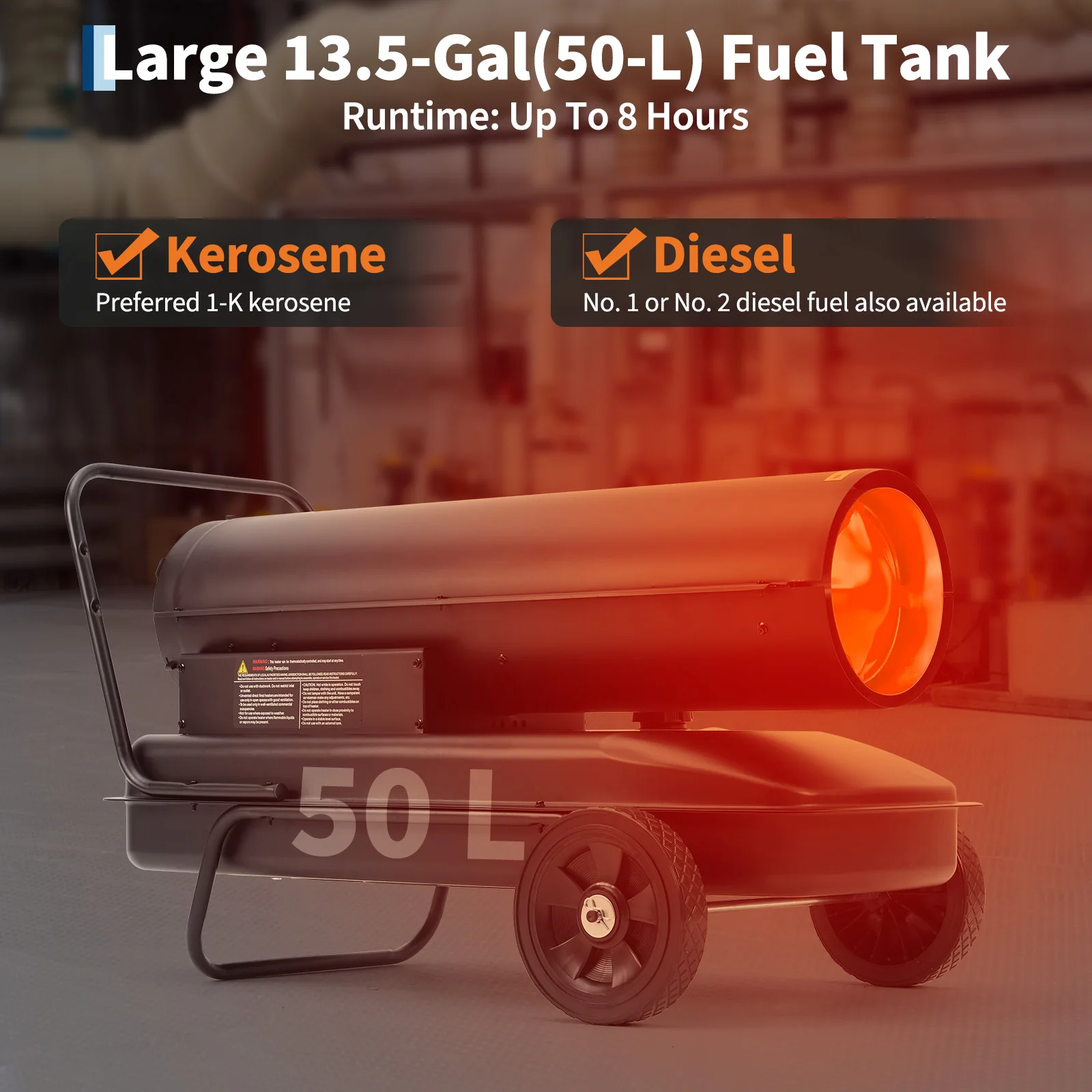 215,000 BTU Dual Fuel Kerosene/fuel-powered Forced Air Heater with Thermostat 13.5-Gal Tank Wheels Portable Salamander for Jobsite, Garage, Warehouse – 120V/60Hz
