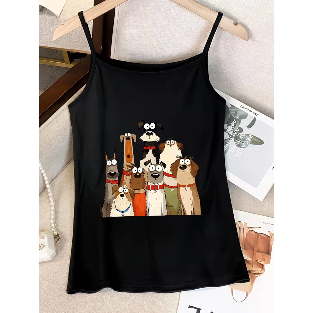 Vintage Cartoon Vibe Camisole Women Summer Detailed Dog Illustration Tank Top Group Pose Sleeveless Vest Streetwear Fashion
