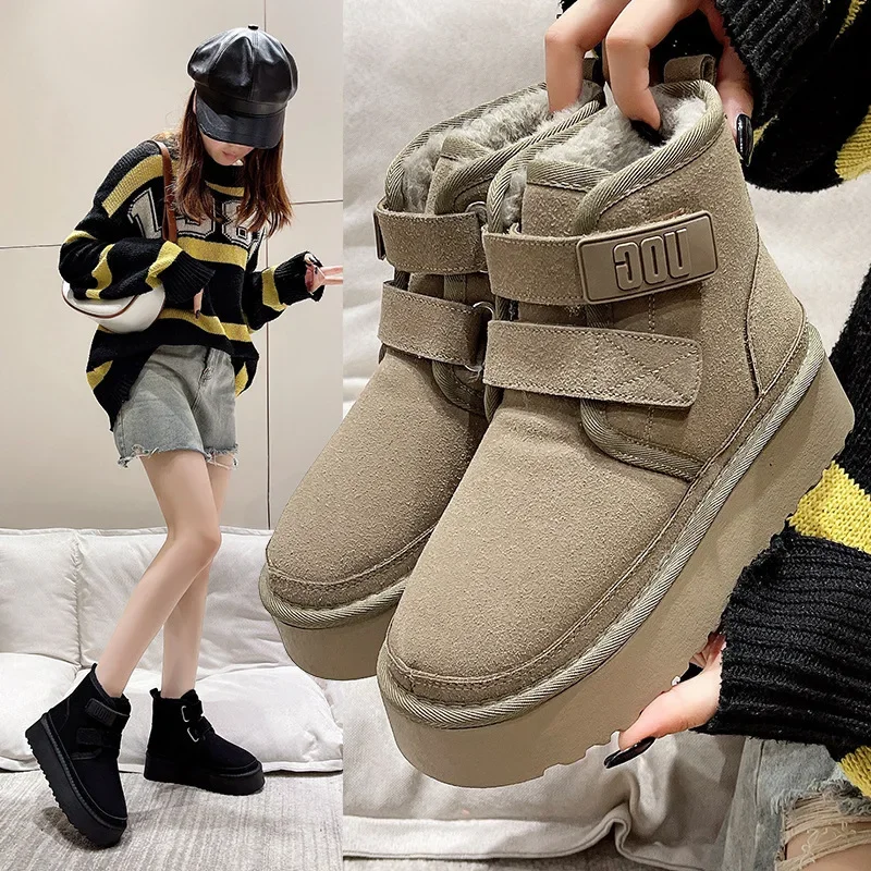 

Winter Outdoor Women Ankle Snow Boots Ladies Plush Warm Shoes Classic Ultra Platform Cow Suede Furry Hook & Loop Flat Booties