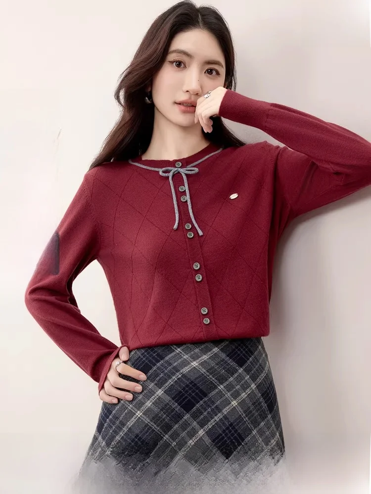 

Elegant Red Knitted Long Sleeve round Neck Commute Shirt Women's Soft Polyester Fiber Fashionable Spring New Arrival