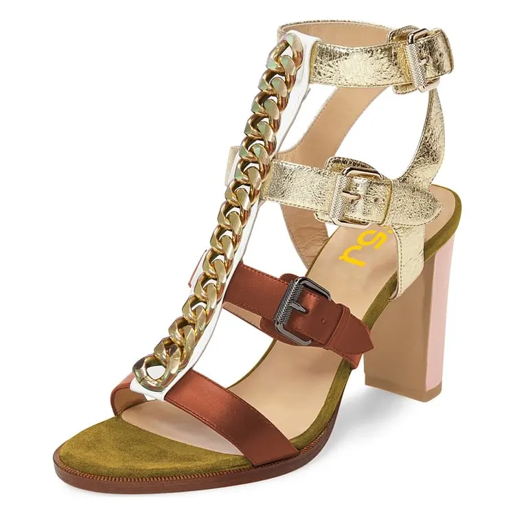 

Open Toe Buckled Strappy Chain Block Heel Sandals in Multicolor