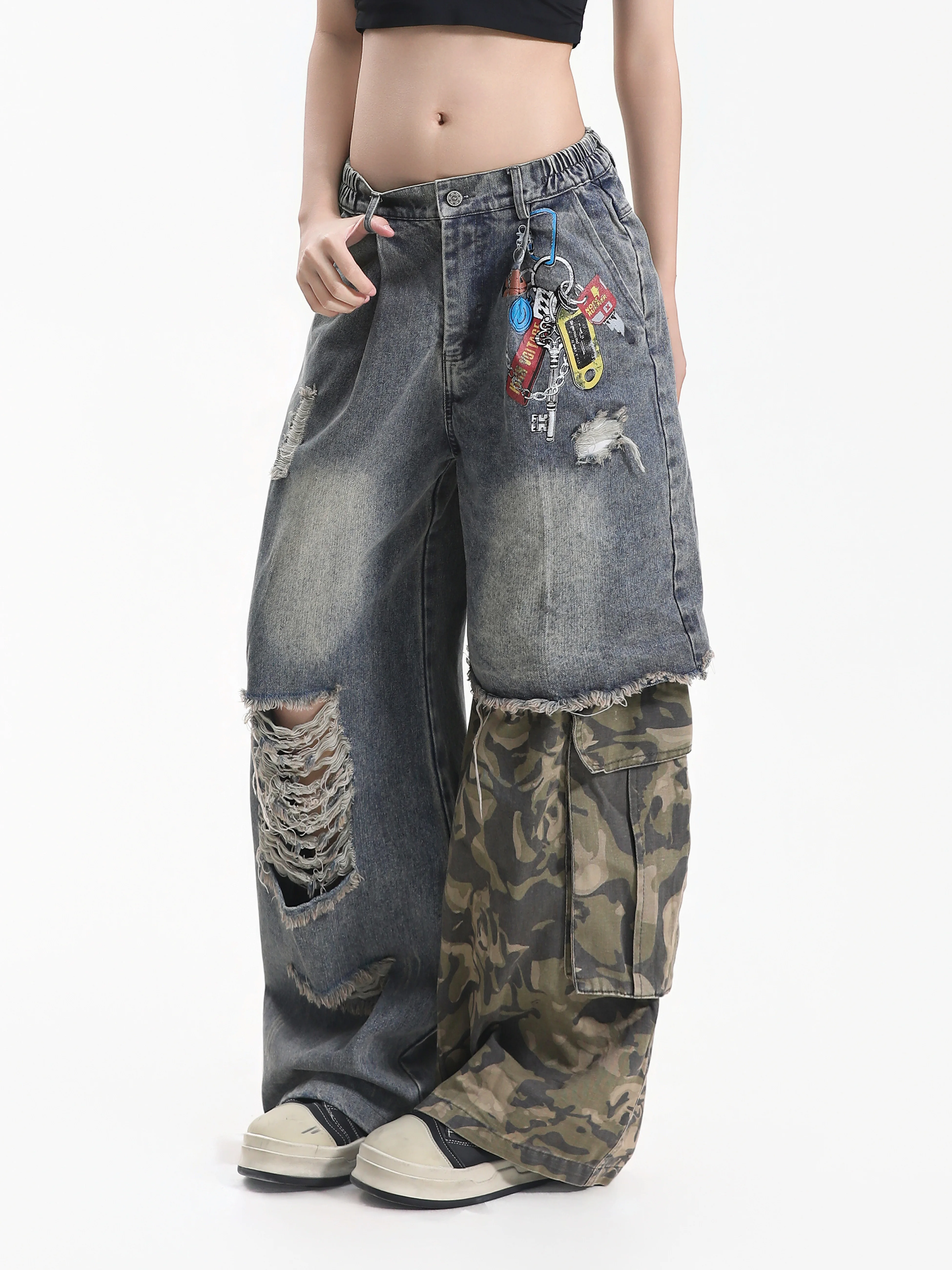 Small Ball High Street Hanging Buckle Denim Workwear Pants Women's Camouflage Patchwork Hole Frayed  Neutral Wide Leg Pants