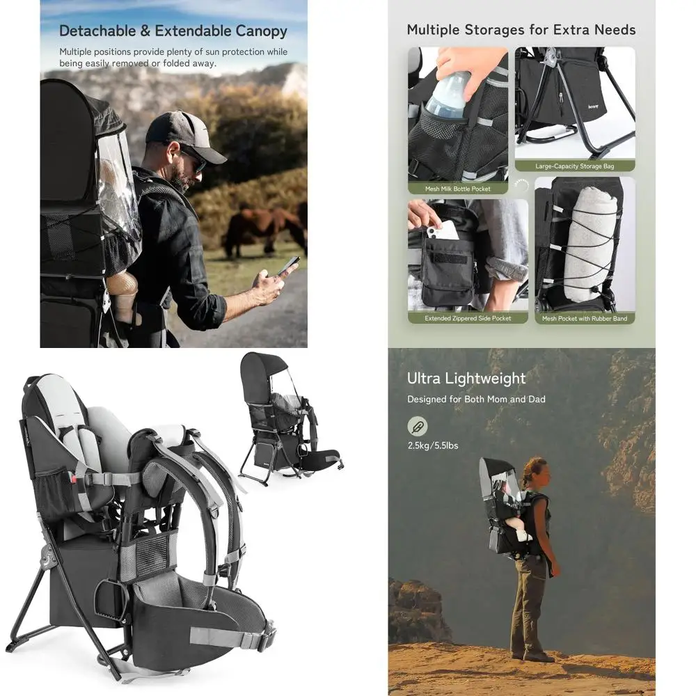 

Переноска для детского рюкзака, походный рюкзак для малышей с безопасным сиденьем на 3 высоты, регулируемыми ремнями и поясным ремнем, легкая складная рама