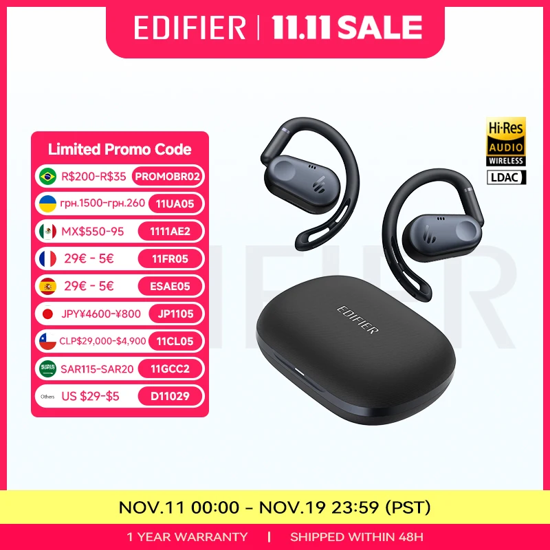 سماعات أذن Edifier Comfo Flex True اللاسلكية بتقنية البلوتوث سماعات أذن مفتوحة بلوتوث 5.4 خطافات أذن، صوت عالي الدقة، IP55