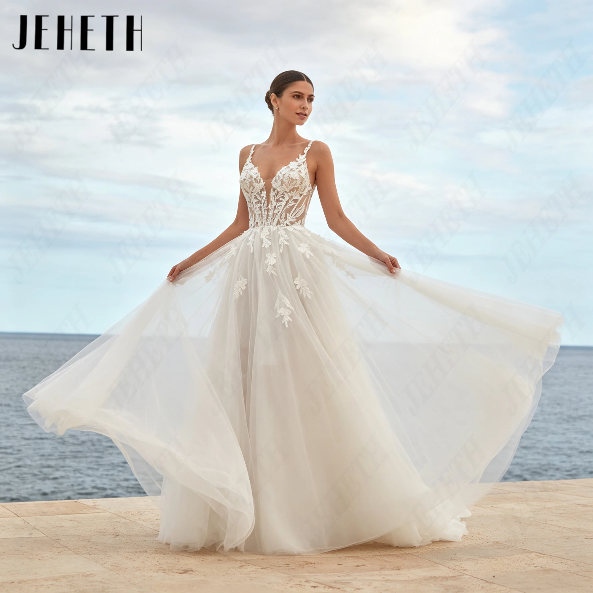 JEHETH A-Line Sleeveless V Back Wedding Dress Spaghetti Straps Personalized Bride Gown Luxury Tull 2027 Bridal Gowns Lace