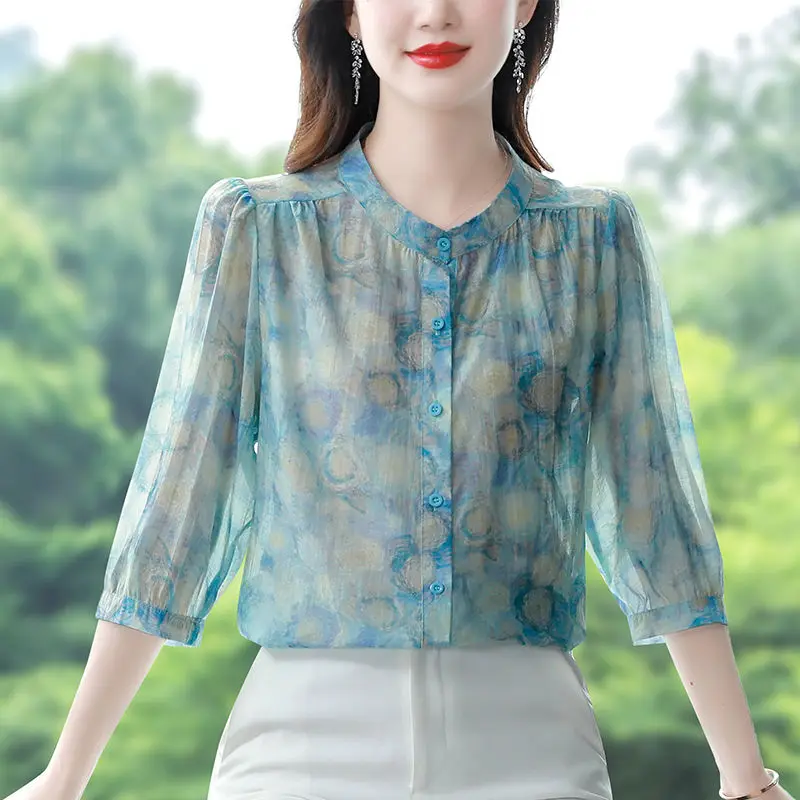 

2023 New Summer Fashion Buttons O-neck 3/4 Sleeve Shirts Women Clothes Elegant Buttons Thin Blouse Ladies Korean Oversized Tops