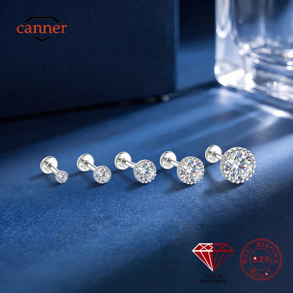 CANNER 1PC 0.1-1 Carat D Color Round Moissanite Luxury Flat Back Piercing Earring Women 925 Sterling Silver Sparkling Ear Bone