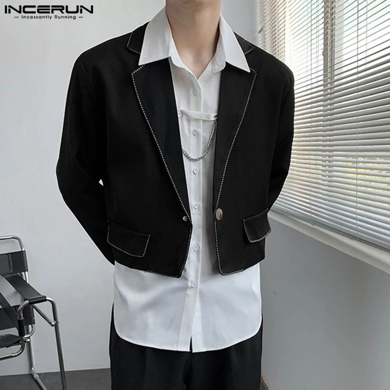 

INCERUN 2025 Men's Blazer Patchwork Long Sleeve Lapel One Button Streetwear Crop Coats Autumn Fashion Male Casual Suits S-5XL