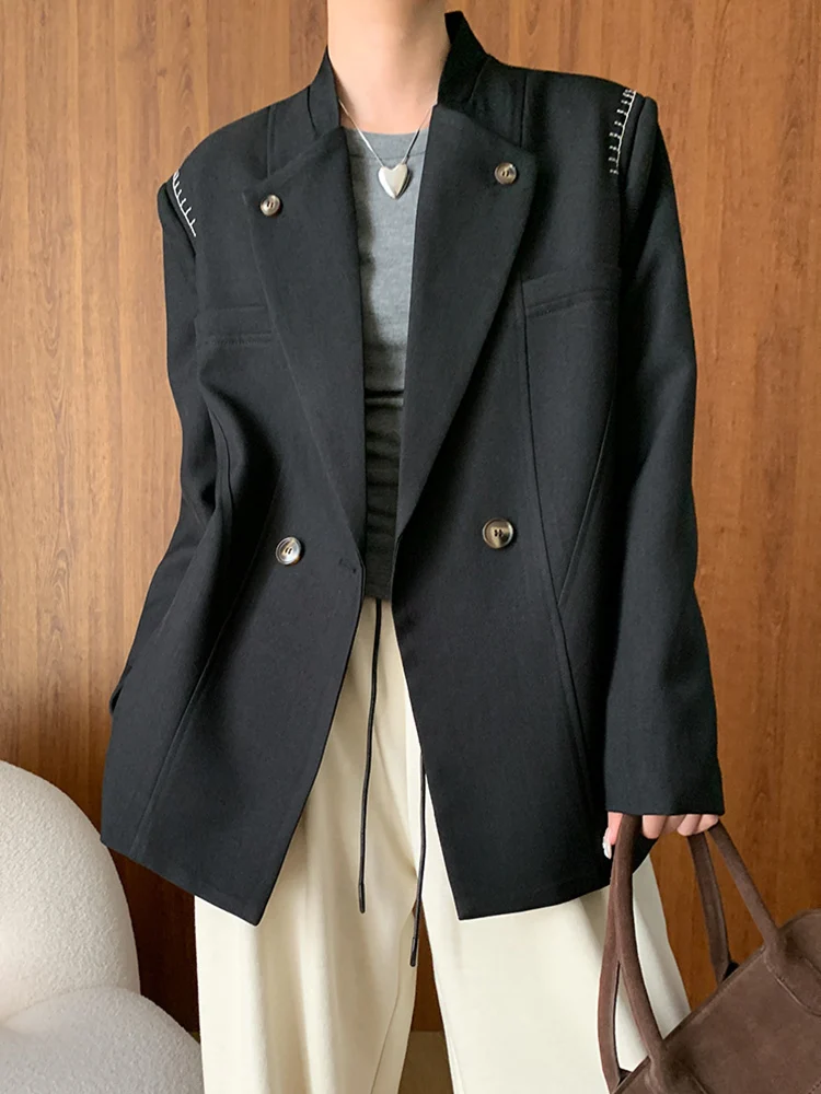 [EAM] Women Khaki Topstitched Big Size Elegant Blazer New Lapel Long Sleeve Jacket Fashion Tide Spring Autumn 2024 1DH7053