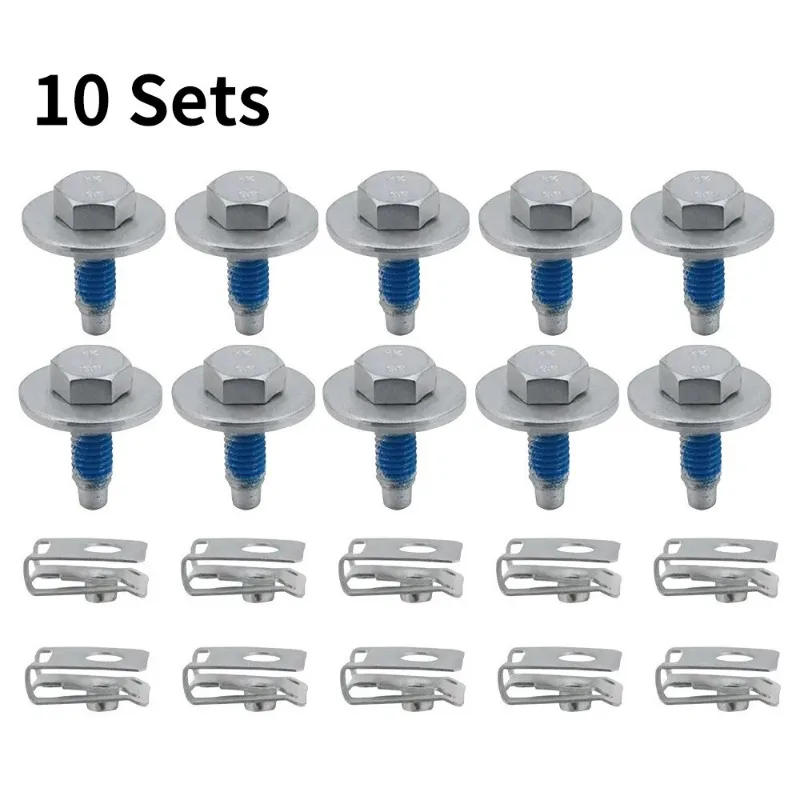 10 sets/box M6*18 Car Hex Flat Head Self Tapping Screw with Washer, U Spring Clip Nut Fastener Kit, Screws and Nuts Set