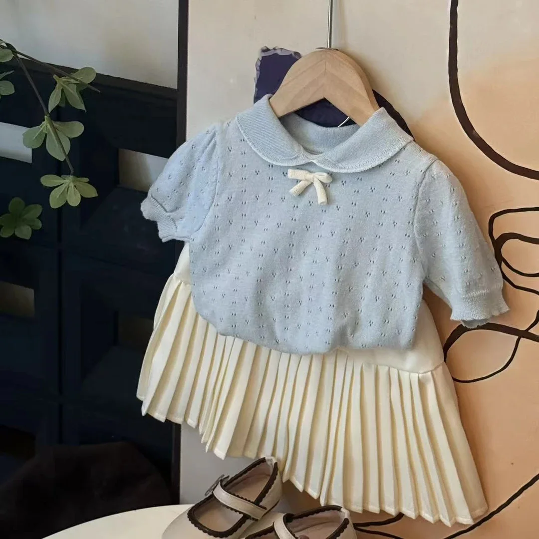 Girls' Short-sleeved Knitted Sweater Set New Summer Baby Girl Japanese and Korean College Style Set Hollow Thin Top
