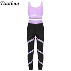 Kids Girls Sports Gymnastics Skating Costume Sleeveless Athletic Vest Top with Elastic Skinny Pants Gym Workout Yoga Sportswear