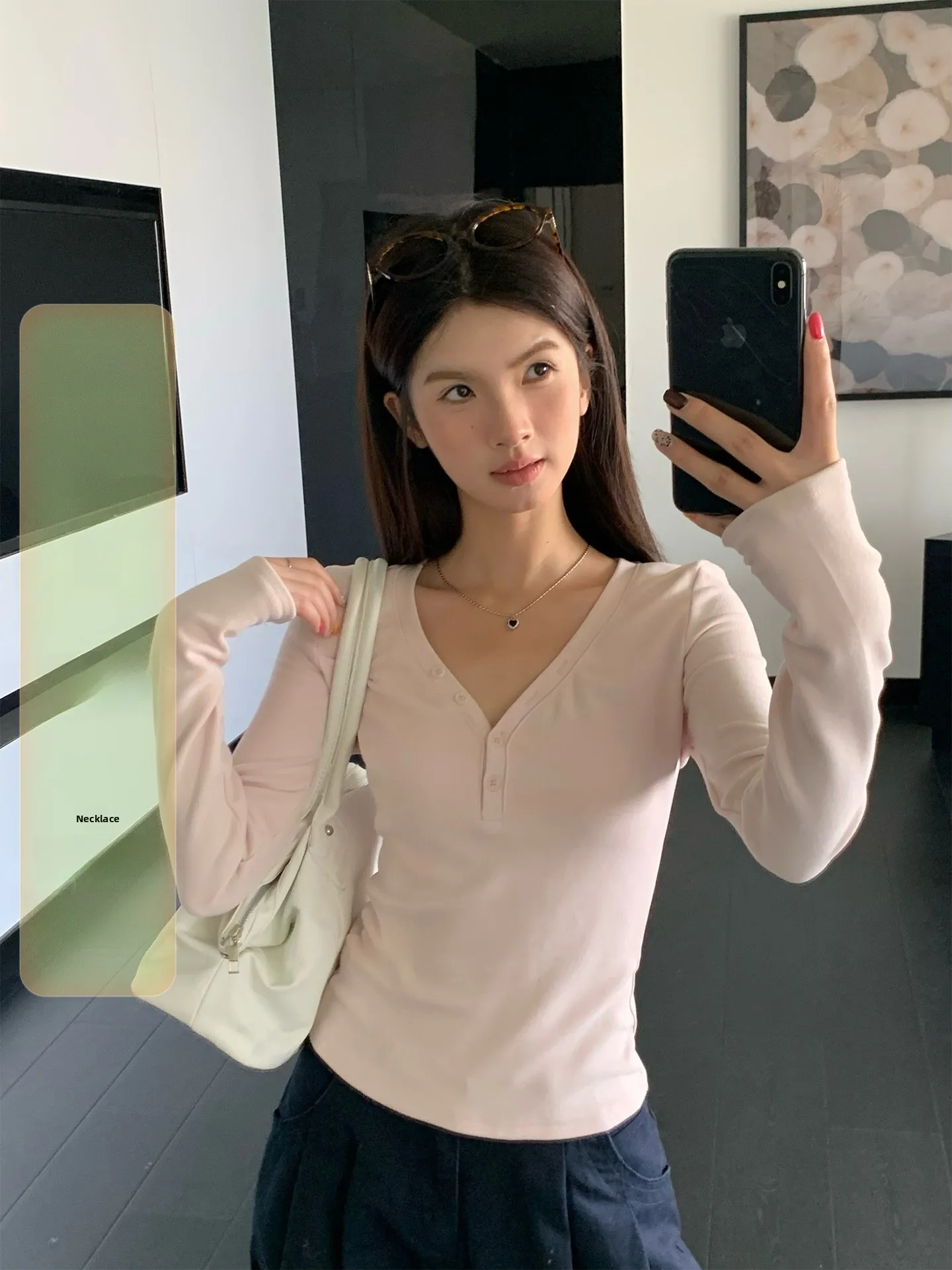 

iny Pink Double-sided Camere Base irt Women's Long Sve Casual Sle Inner Wear V-ne Regular Length Spring Faion