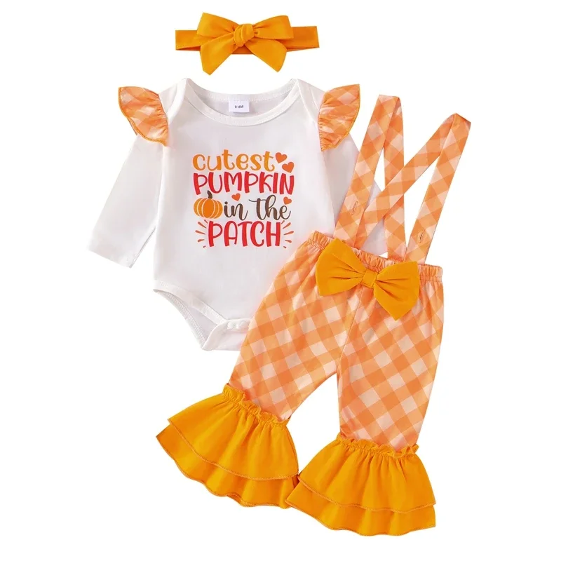 Baby Girls Halloween Outfits Letter Print Long Sleeves Romper and Plaid Suspenders Flared Pants Headband Set