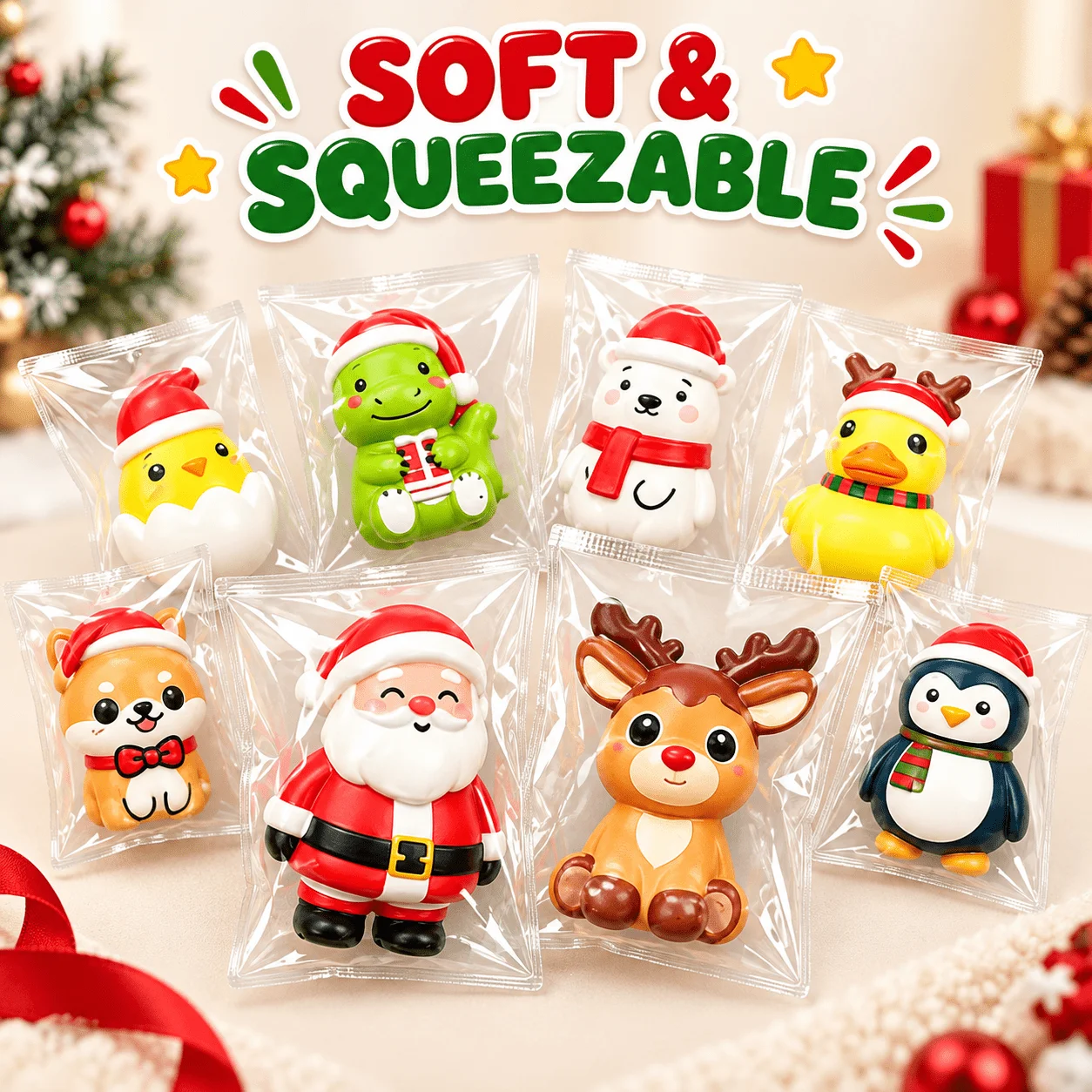 12pcs Christmas Mixed Squeeze Toys Cute Animal Santa Gingerbread Man Stress Relief Toy Kids Party Gifts