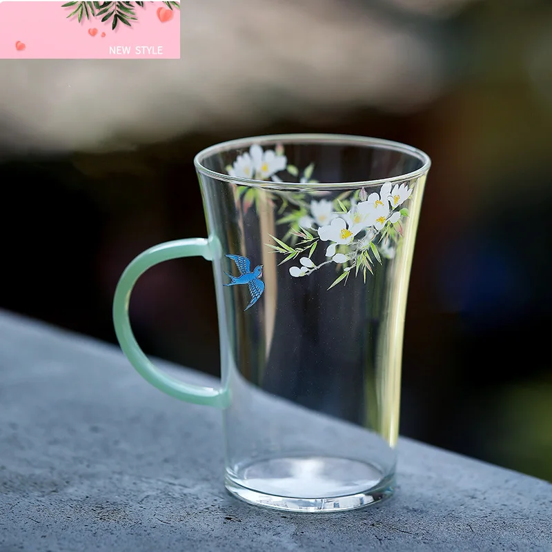 

350ml Chinese Spring Returning Green Tea Cup High Borosilicate Glass Handle Mug Heat Resistant Office Water Coffee Mug Dinkware