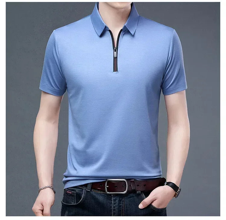 Men's Ice Silk Short Sleeve Polo Shirt Summer Cool Loose Casual Tops Men Half Zip Lapel Business