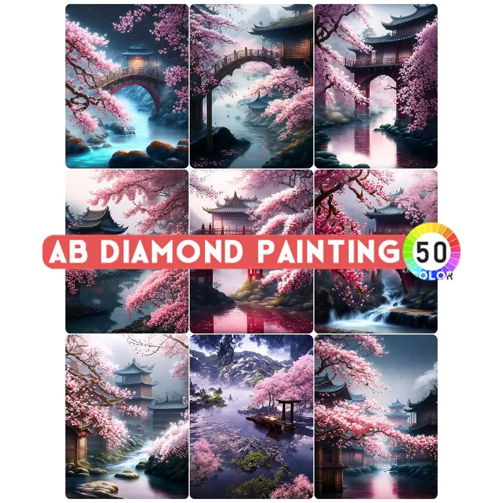 Diamond Painting Landscape AB Northern Lights Cherry Blossom Temple Waterfall Mosaic 5D DIY Crafts New Arrival Set Home Decor