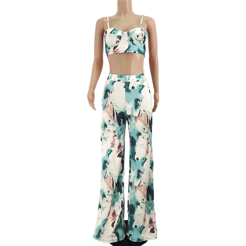 Pant Set Women Two Piece Sets Tie Dye Sling Sleeveless Print Matching Sets Backless Tops Wide Leg Long Pants High Waist Summer