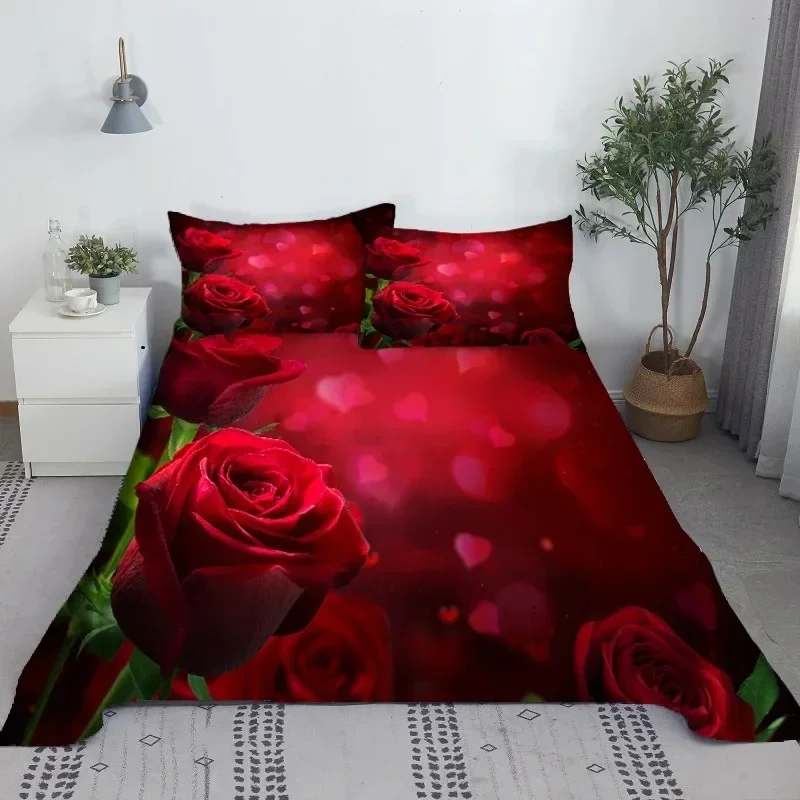 Leopard Red Rose Print Bed Flat Sheet With Pillowcase Soft Polyester Bedding For Kids Adults Home Use 0.91.21.51.82.0m