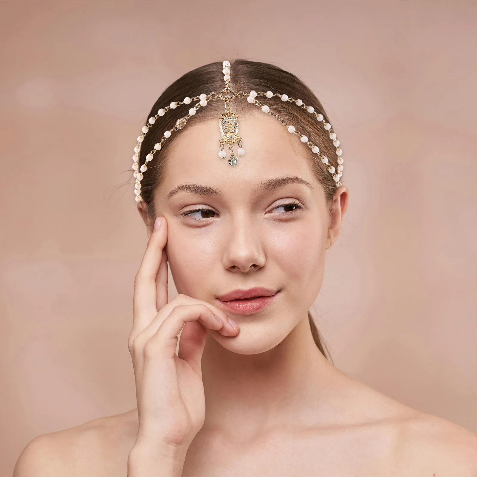 

2Pcs Elegant Boho Gothic Wedding Head Chain with Pearls Rhinestones Lightweight Metal Beaded Tassel Hair Jewelry for Prom