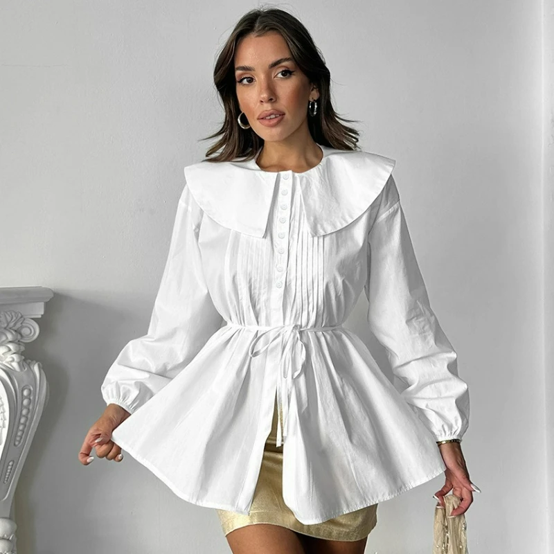 

Новая модная женская рубашка-топ из чистого хлопка цвета хаки с эффектом утяжки на талии, плиссированным дизайном и завязками, осень 2026