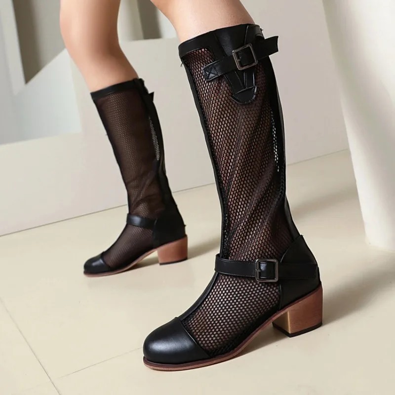 2026 Fashion Summer Round Head Women's High Heel Sandals Black Sexy Mesh Zipper Cool Women's Boots
