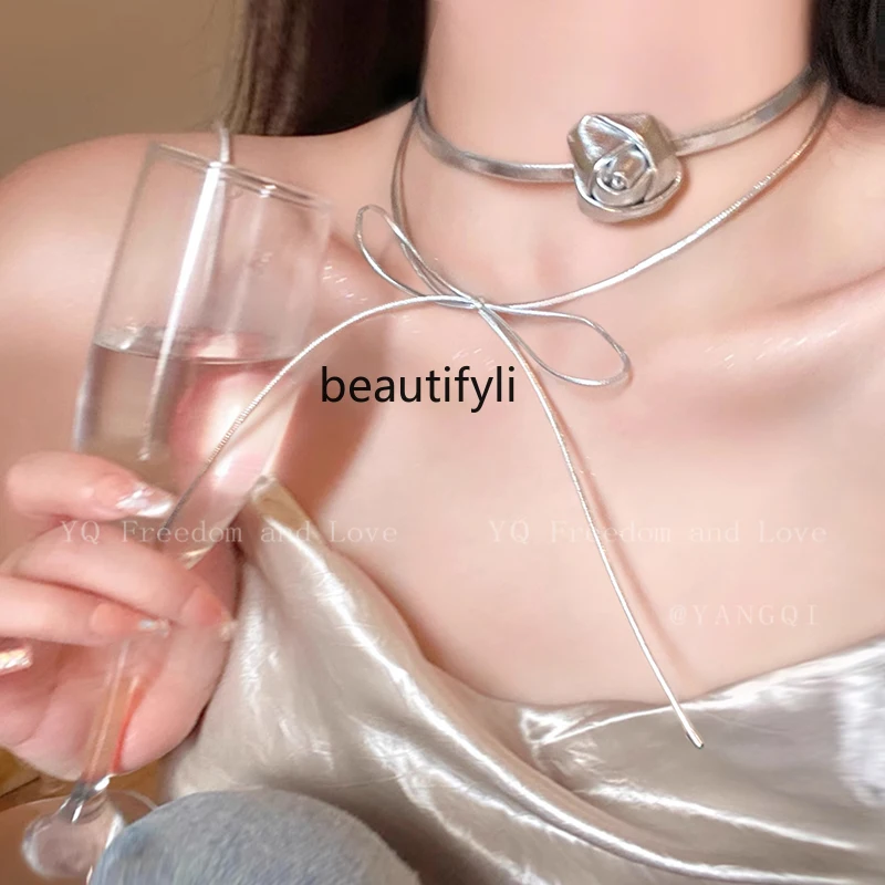 Silver Gray Bow Rose Lace-up Necklace Niche Sweet Cool Hot Girl Clavicle Chain Trendy Cool Necklace Accessories