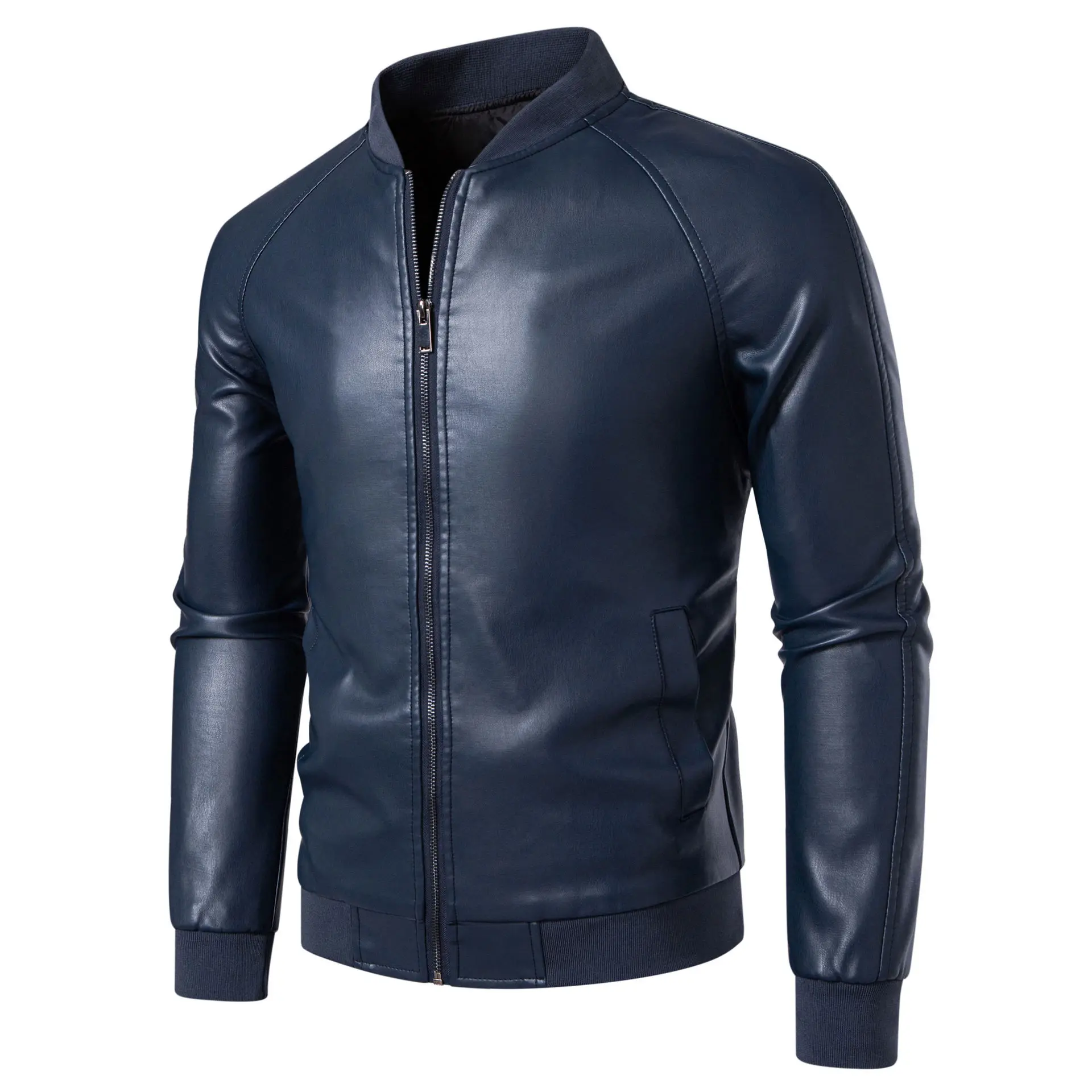 

Mens High Quality Stand Collar Autumn Winter Motorcycle Leather Jacket Vintage Biker Coat