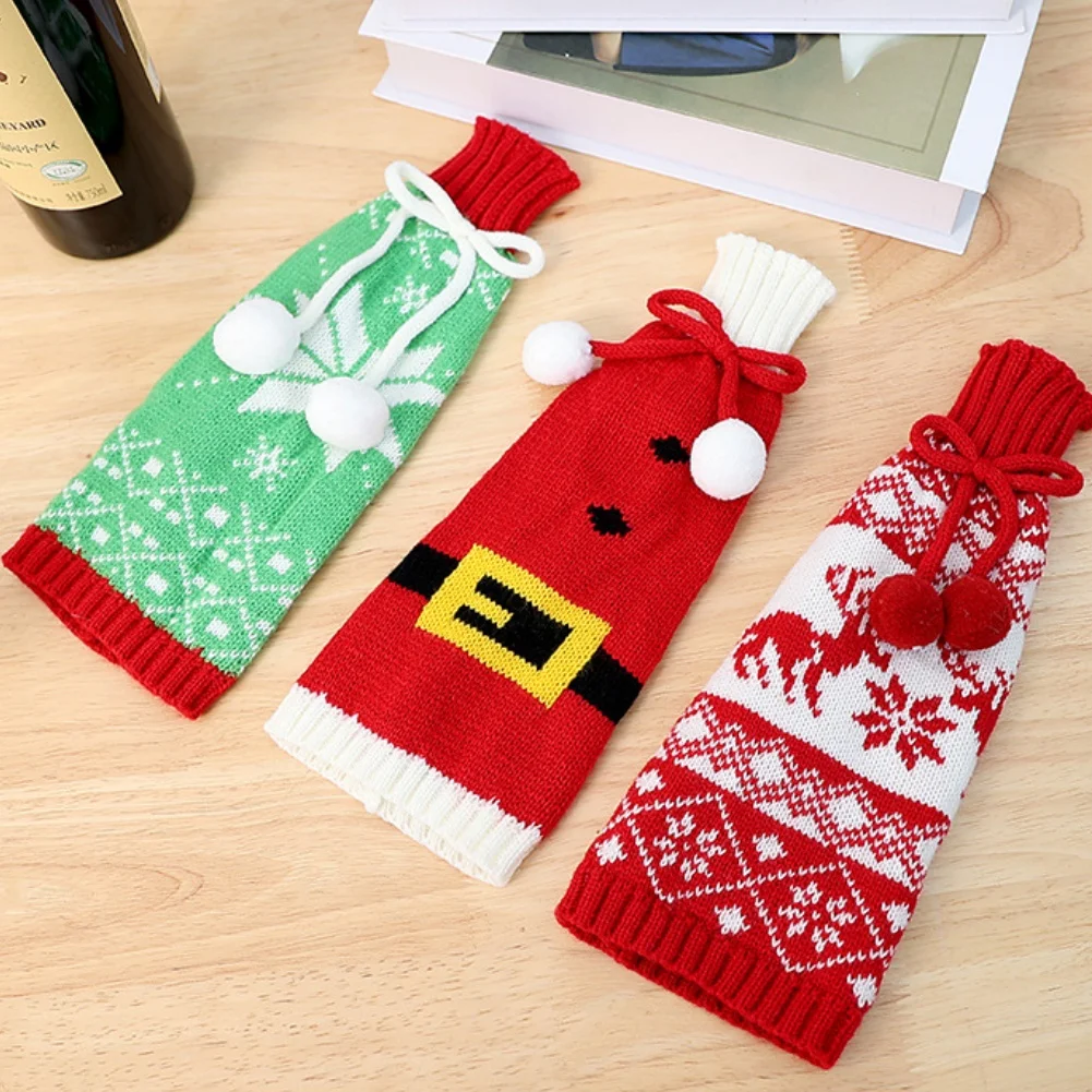 

3 упаковки праздничных вязаных чехлов для бутылок вина для праздничных вечеринок, предназначены для улучшения рождественских столов и сезонных мероприятий