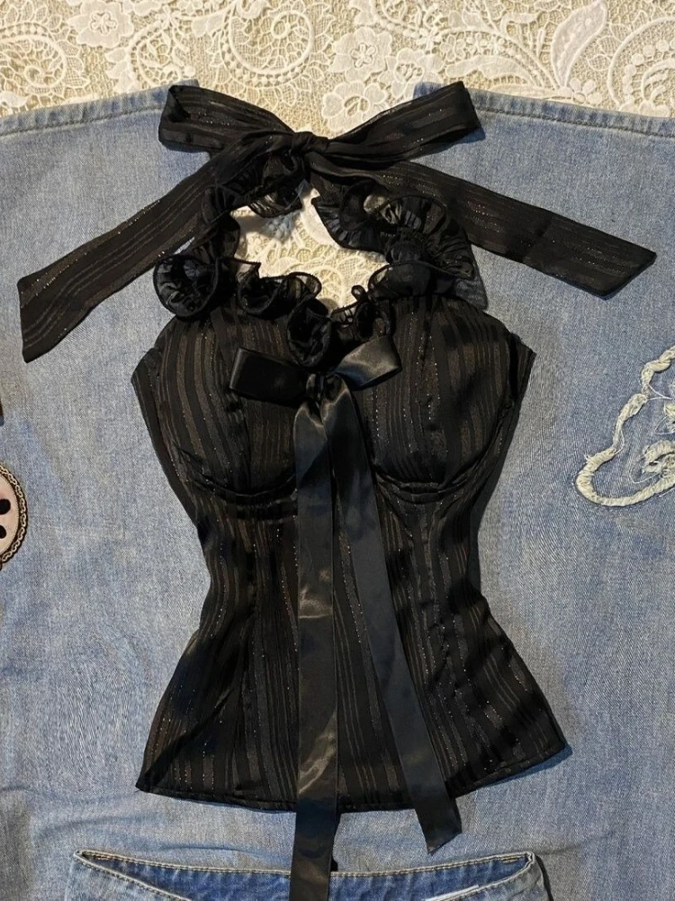 French Pure Desire Sexy Lace-up Vest Women Bow Sling Millennium Sweet Spice Girl Y2k Tops New Retro Hot Chick Aesthetic Clothing