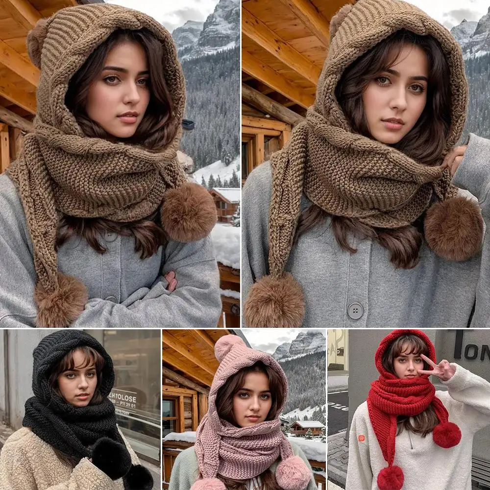 في الهواء الطلق الباردة واقية وشاح قبعة المتكاملة الحرارية قبعة صوف فو الفراء الكرة الأذن حماية وشاح تويست متماسكة قبعة بالاكلافا مع بوم