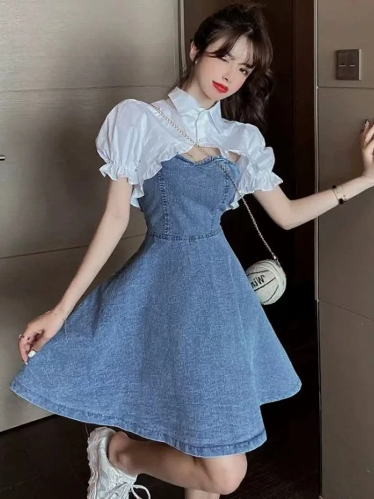 Women's Summer New Bubble Sleeve Short Shirt Waist Cinched Denim Halter Dress Two Piece Set Fashionable Polyester Fiber Blend