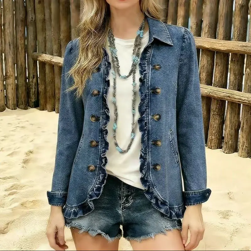 Women Denim Coat Ruffles Turn Down Collar Work Jackets Casual Double Breasted Full Sleeve Vintage Washed Y2k Streetwear Autumn